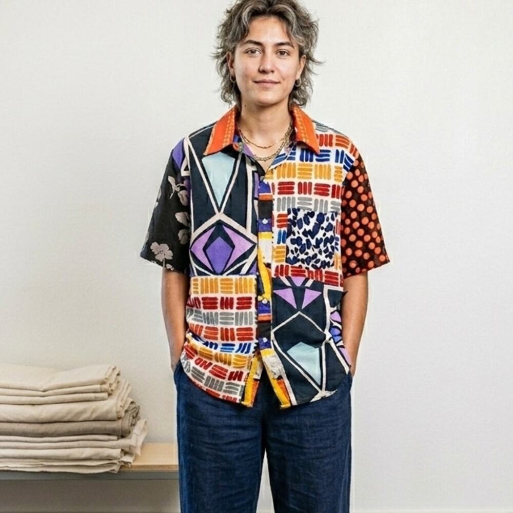 SUAY Sew Shop Patchwork Short Sleeve button up Shirt Medium